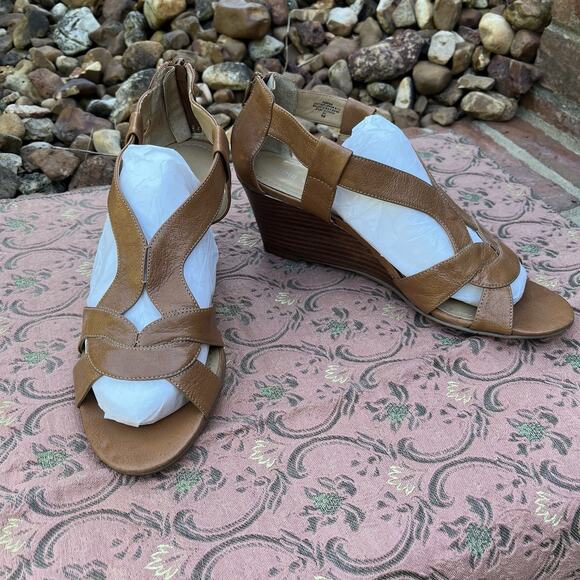 Nine West Sandals Women's 9M Wedge Zip Brown Leather Strappy - Picture 1 of 7